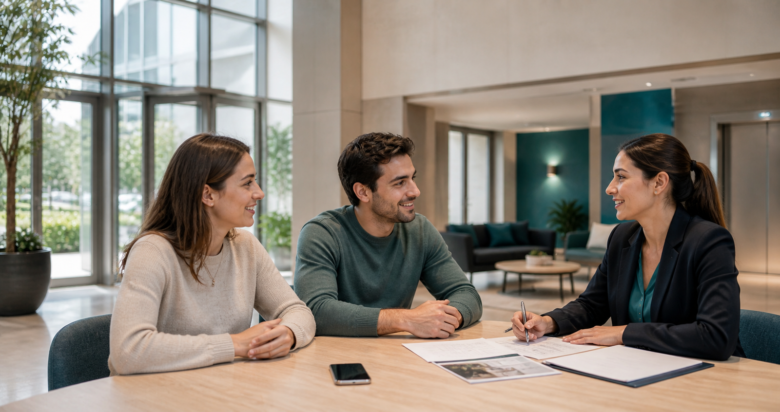 Administrador de edificio conversando con residentes en un lobby moderno
